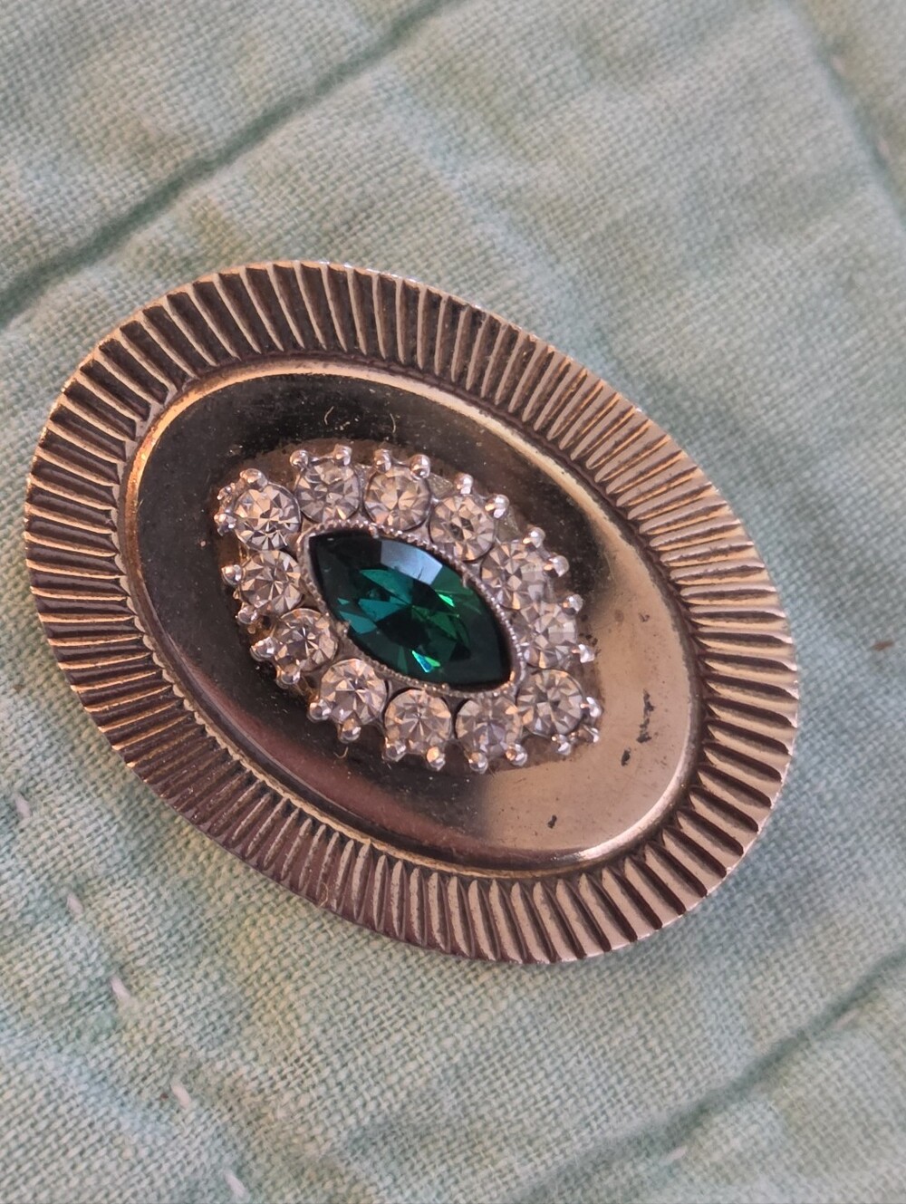 Vintage Brooch Marquise Cut Green Stone Stamped Sterling